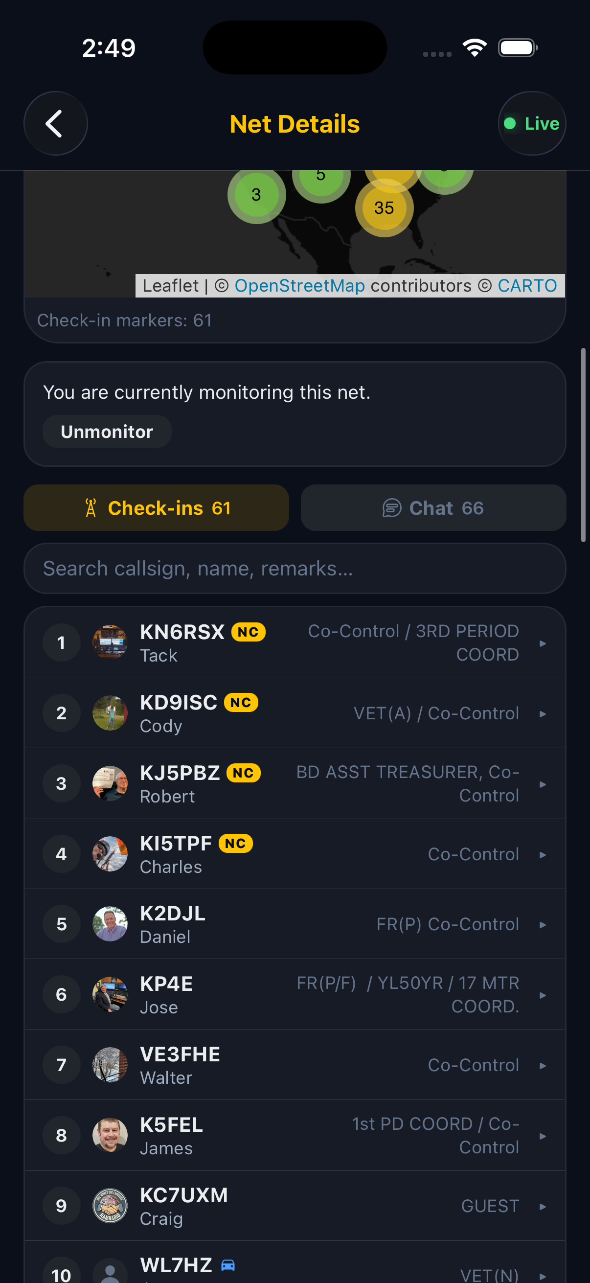 Check-in list for a net